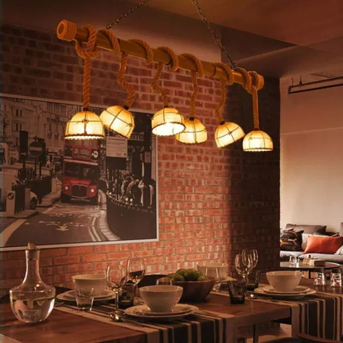 Vista 4 de Genérico Araña moderna, LED Modern Chandelier Lamp Large Retro Hemp 6 Bamboo Cloth Cover Hand Woven Rope Adjustable Sling E27 Living Room/Dining