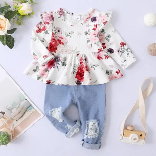 Vista 2 de XUANHAO Conjunto de 2 piezas de pantalones de mezclilla para niñas pequeñas parte superior floral con volantes pantalones de mezclilla rasgados
