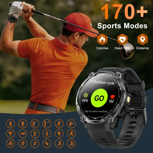 Vista 7 de Reloj inteligente militar resistente para hombre con GPS, reloj AMOLED de seguimiento de fitness de 1.43 pulgadas con llamada Bluetooth Negro