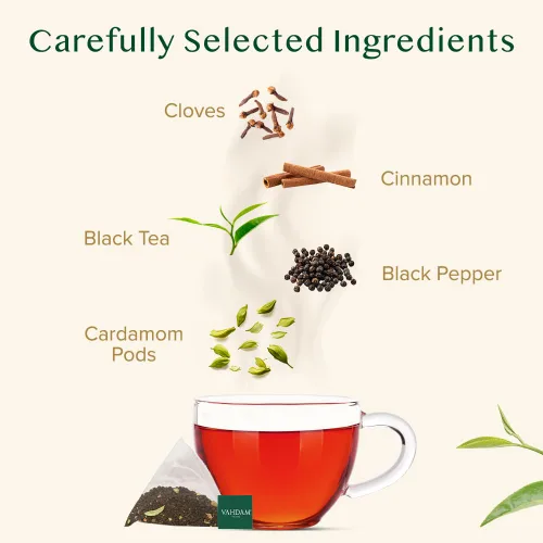 Vista 2 de VAHDAM - 30 bolsitas de té Masala Chai, sin gluten y sin OMG, té negro, cardamomo, canela, pimienta negra y clavo, sin saborizante añadido
