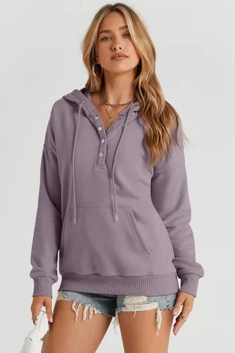 Vista 4 de Dokotoo Sudaderas con Capucha para Mujer 2025 con Cuello de Botón Cordón Ajustable Sudadera con Capucha Pullover Casual de Manga Larga Tops Camisetas