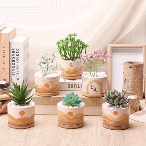 Vista 2 de Qinyoung 6 juegos de macetas Boho para suculentas, modernas macetas de cerámica con bandeja de bambú para plantas de interior, Aloe, Cactus