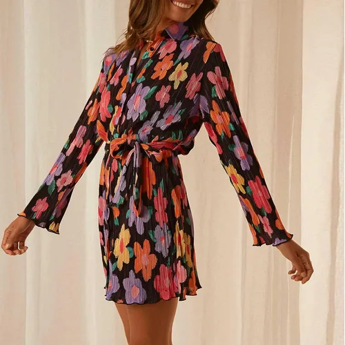 Vista 2 de Neufigr Vestidos de verano para mujer, con cuello en V, manga larga, mini botones, casual, con volantes, con lazo corto