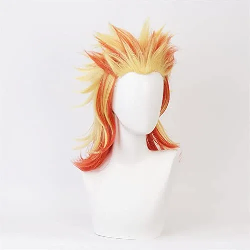 Vista 3 de Anime Demon Slayer Kimetsu No Yaiba Rengoku Kyoujurou Cosplay Peluca Hombres Mujeres Resistente al Calor Pelucas de Pelo Sintético Halloween