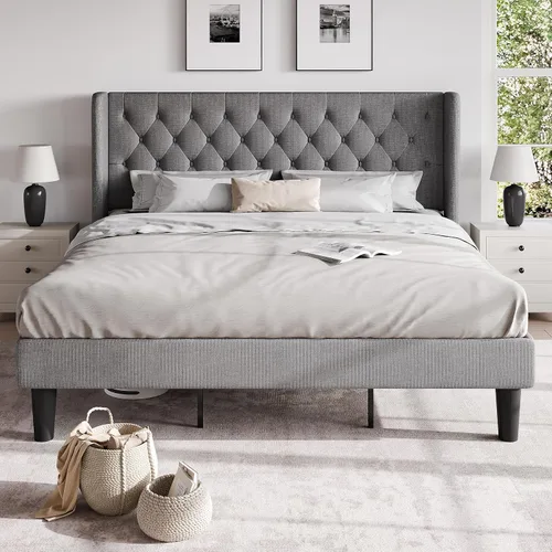 Vista 9 de HOOMIC Base de cama clásica de tamaño matrimonial con cabecera copetuda con botones en la parte trasera, plataforma tapizada con fuerte soporte