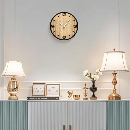 Vista 4 de Reloj de pared redondo de 10 pulgadas, funciona con pilas, de madera, de cuarzo, silencioso, decorativo, analógico, para apartamento, sala de estar