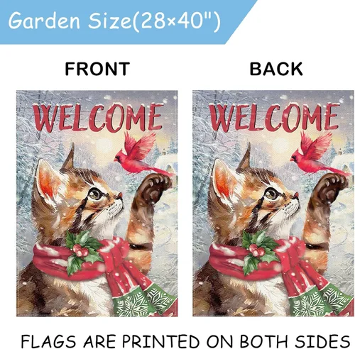 Vista 3 de Selmad Bandera decorativa de bienvenida con gato atigrado de invierno, diseño de pájaro rojo de Navidad, decoración exterior de arpillera grande
