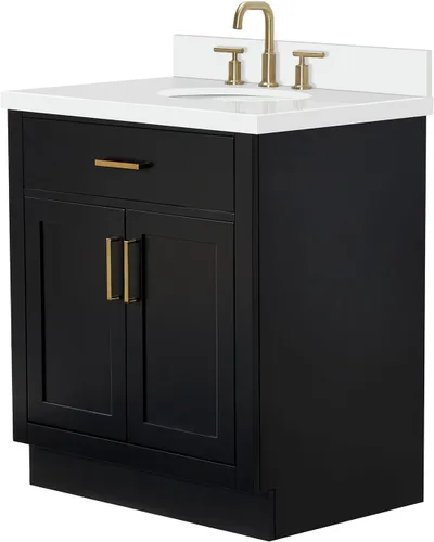 Vista 7 de ARIEL Hepburn - Tocador de baño de 30 pulgadas con fregadero, madera maciza, encimera y protector contra salpicaduras de cuarzo blanco puro de 1.5