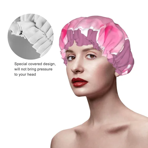 Vista 4 de Gorro de ducha reutilizable con estampado de cerdo rosa para mujer, doble capa impermeable, gorro de baño de secado rápido