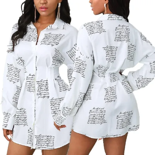 Vista 2 de Vestidos de camisa para mujer, camisetas sexis con botones, vestido colorido con cuello de manga larga, estampado floral, camiseta suelta