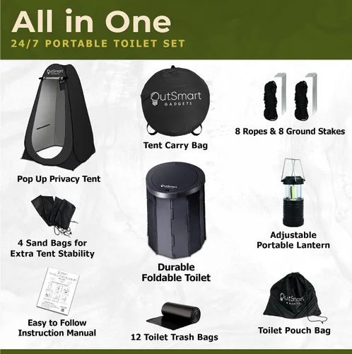 Vista 3 de Outsmart Gadgets Juego de inodoro portátil para exteriores para adultos con linterna nocturna de campamento, inodoro plegable XL, tienda de campaña