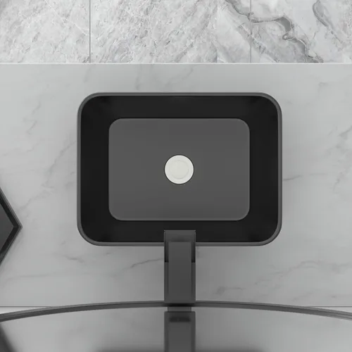 Vista 4 de Lavabo de baño negro de 16 x 12 pulgadas, lavabo de apoyo rectangular para baños, de cerámica, sobre mostrador, lavabo rectangular de baño, lavabo