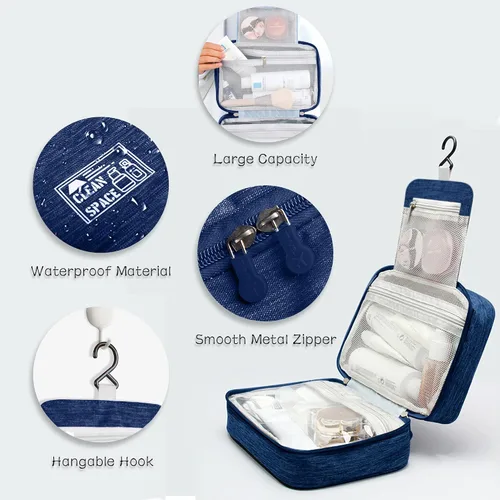 Vista 5 de Bolsa de aseo colgante, bolsa de viaje de gran capacidad para artículos de tocador, tela Oxford impermeable, organizador de maquillaje, bolsa