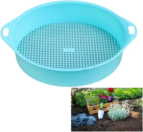 Vista 8 de Sartén redonda para tamiz de suelo de jardín, arena de jardinería, tamiz de abono de suelo de 0.118 in, filtro de suelo de tetragón, filtro