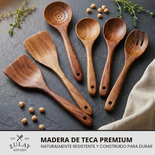 Vista 2 de Zulay Kitchen Juego de 6 cucharas de madera para cocinar, juego de utensilios de madera de teca natural, fácil de limpiar, duradero, suave