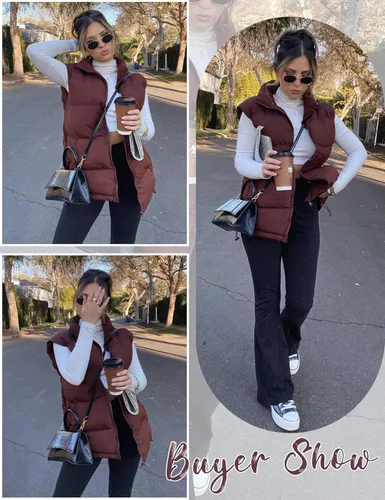 Vista 5 de Chaleco acolchado para mujer, sin mangas, acolchado, con cremallera, cuello alto, abrigo de gran tamaño con bolsillo