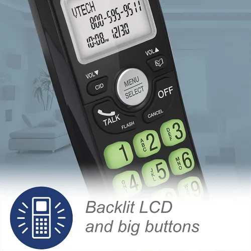 Vista 5 de VTech Teléfono inalámbrico de 2 teléfonos con DECT 6.0, altavoz dúplex completo, pantalla iluminada, teclado retroiluminado, identificación de Negro