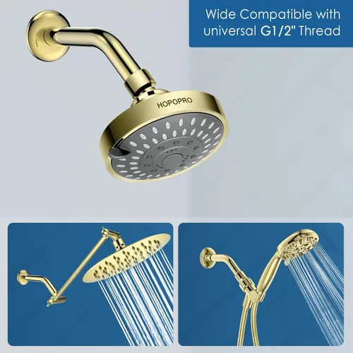 Vista 4 de HOPOPRO Brazo de ducha de 6 pulgadas con brida, brazo de cabezal de ducha angular de repuesto para montaje en pared para cabezal de ducha de mano Oro