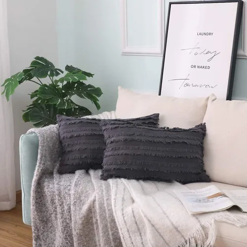 Vista 15 de GYROHOME Paquete de 2 fundas de almohada de algodón y lino, fundas de cojín decorativas, diseño de borlas, fundas de cojín modernas con flecos Beige