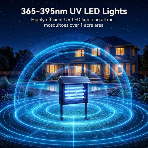 Vista 3 de Exterminador solar de insectos 2026 al aire libre Impermeable: 4500 V Mosquito Zapper con panel solar de 14 W, Asesino de mosquitos de Negro