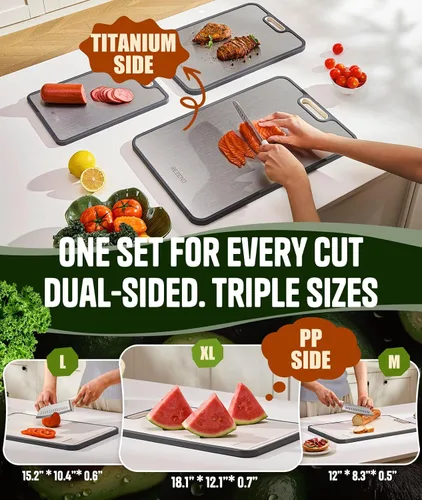 Vista 2 de Juego de tablas de cortar de titanio de 3, diseño de doble cara, tablas de cortar no tóxicas para cocina, tabla de cortar más allá del grado