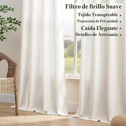 Vista 5 de Cortinas de lino blanco roto de 96 pulgadas de largo, juego de 2 Beige Blanco