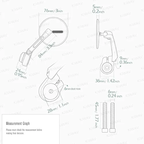 Vista 4 de KiWAV Espejos de extremo de barra de motocicleta Ojo Negro compatible con manillar roscado M6