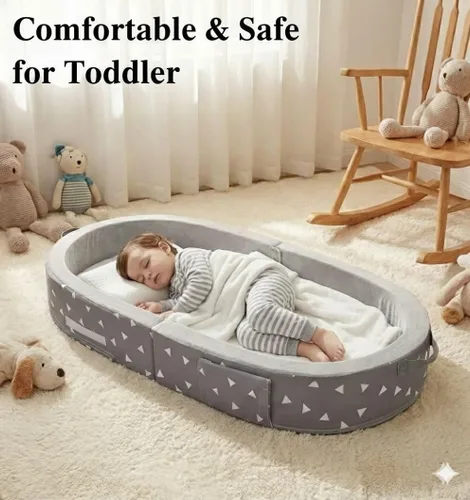 Vista 9 de Cama plegable para niños pequeños con lados, cama plegable para niños de viaje, espuma (estrella), color gris