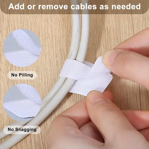 Vista 6 de 100 bridas de para cables, correas autoadhesivas para organizar cables de escritorio, organizador de cables ajustable para escritorio, hogar, Blanco