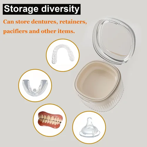 Vista 6 de Caja de retención de dentadura y tirantes transparentes para limpiar la dentadura y la caja de baño con cesta colador, contenedor de remojo