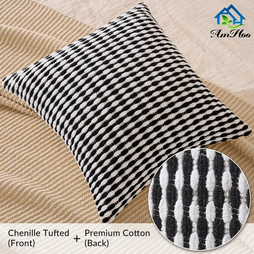 Vista 3 de AmHoo - Funda decorativa de almohada estilo bohemio de chenilla, funda de almohada con borlas tuftadas para sofá, cama, dormitorio, sala de estar