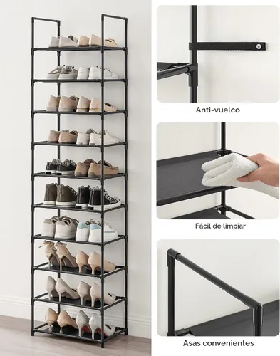 Vista 8 de SONGMICS Zapatero, estante de zapatos de 10 niveles, organizador de almacenamiento de zapatos, 11 x 17.7 x 68 pulgadas, marco de metal, estantes