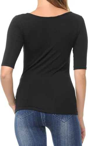 Vista 7 de SSOULM Camiseta básica elástica de manga 12 con cuello redondo y corte ajustado para mujer, talla grande