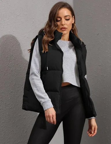 Vista 3 de Tanming Chaleco acolchado negro para mujer, con cremallera, ligero, sin mangas, para invierno, con capucha
