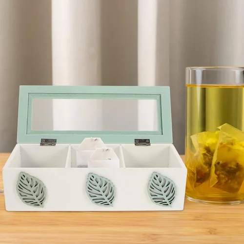 Vista 4 de Wood Tea Box with Lid, 3 Compartment Tea Bag Organizer Xmas