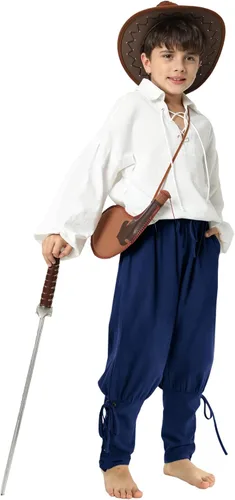 Vista 2 de Pantalones de tobillo medievales para niños y niños, disfraz de pirata vikinga, con cordones y bandas cónicas, pantalones góticos