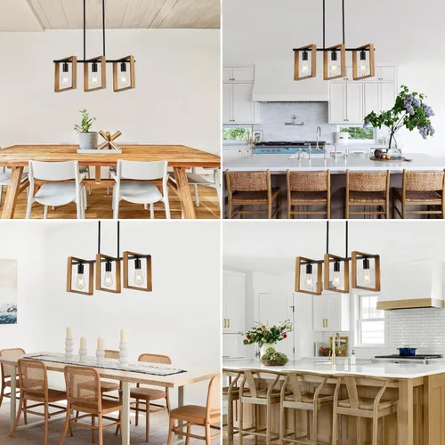 Vista 7 de 9MMML Lámpara de 3 luces para isla de cocina, lámpara de comedor negra, con marco de madera, para sala de estar, vestíbulo, entrada, pasillo, E26