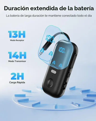 Vista 3 de Receptor transmisor Bluetooth 5.4 para 2 AirPods/auriculares, adaptador Bluetooth de avión 2 en 1 con micrófono para llamadas manos libres, baja