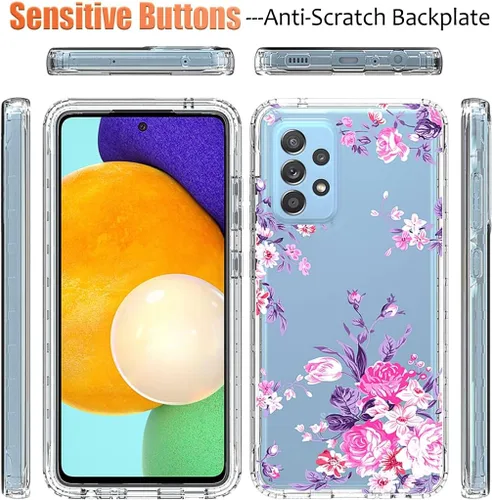 Vista 5 de Funda para Galaxy A52 5G/4G/Galaxy A52S SM-A526 con protector de pantalla de vidrio templado, diseño floral a prueba de golpes, carcasa protectora
