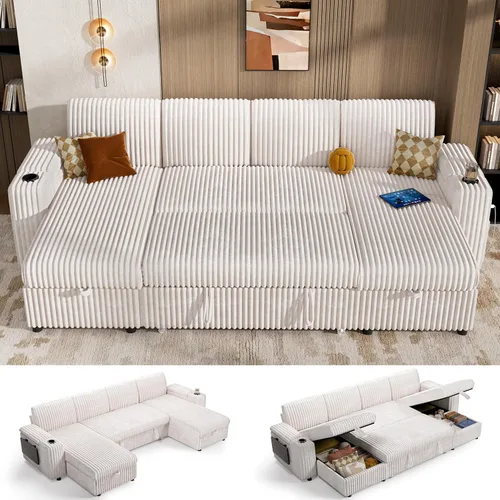 Vista 21 de Vipbear Sofá cama modular de 86 pulgadas con cama extraíble, sofá en forma de L de pana de felpa de 3 asientos con diván de almacenamiento, puertos
