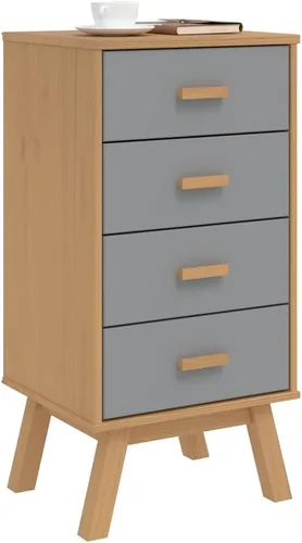 Vista 4 de Scandinavian Bedside Cabinet Grey Brown Nightstand, 4-Drawer Solid Pine Wood Storage for Bedroom, Sleek Rectangular Design with Wall Attachment