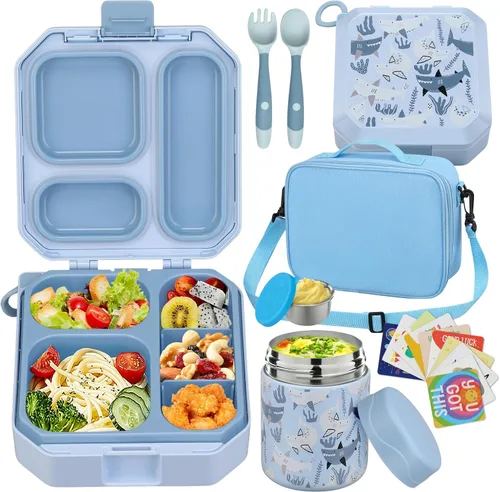 Vista 17 de wiwens - Lonchera Bento para niños con termo de sopa de 12 onzas, contenedor de comida para almuerzo a prueba de fugas con 5 compartimentos, termo
