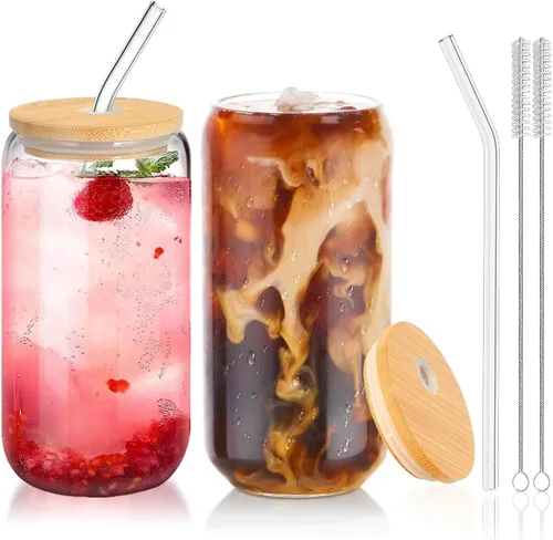 Vista 9 de Tazas de vidrio con tapas y pajitas de 16 onzas, set de 16 – Tazas de café helado para fiestas navideñas, reuniones familiares y anfitrionaje diario