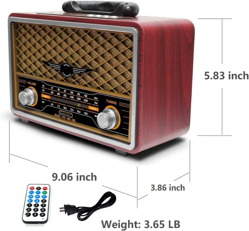 Vista 3 de M-156BT Radio retro portátil FM AM SW, con Bluetooth, batería recargable, tarjeta TF de soporte, reproducción USB, altavoz estéreo, radio DSP