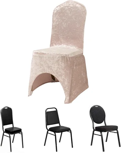 Vista 16 de Efavormart - Funda elástica para silla de banquete de terciopelo triturado y elastano beige con bolsillos para los pies, funda para silla de boda