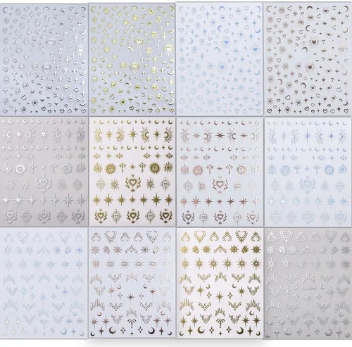 Vista 2 de 12pcs Aurora Plata Estrella Luna Nail Art Pegatinas 3D para las Mujeres Oro Rosa Sol Corazón Calcomanías de Diseño Láser Suministros