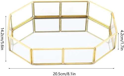 Vista 8 de Makeup Jewelry Organizer Mirrored Glass Tray, Small Size 8.1x5.6x1.7 Inch, Golden Brass Edging - Durable Material, Stylish Storage, Perfect for