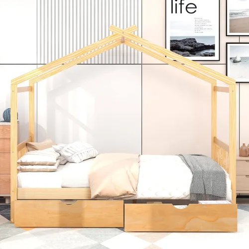 Vista 3 de Harper & Bright Designs Cama de casa de tamaño matrimonial para niños, marco de plataforma de madera Montessori con 2 cajones de almacenamiento