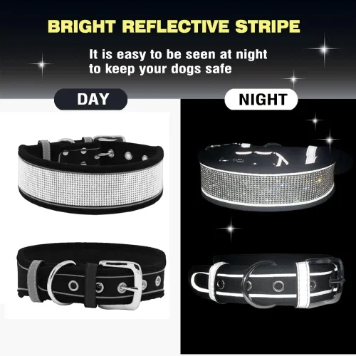 Vista 2 de Collar de perro con diamantes de imitación, suave, cómodo, elegante, con rayas reflectantes brillantes, collar de cristal de diamante ajustable
