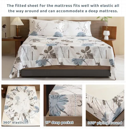 Vista 4 de QSH Sábanas 100% Algodón para Cama Tamaño King, Patrón de Plantas Florales Blancas Botánicas de Lujo de Algodón con Estampado Floral Ropa de Cama